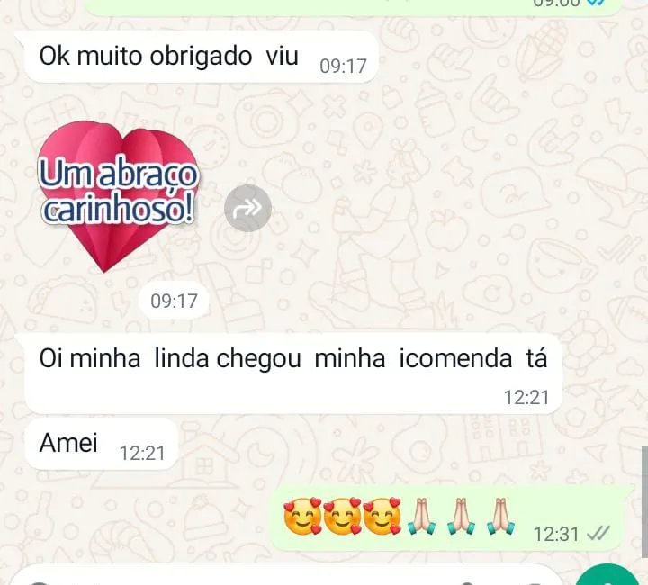 Mensagem de cliente: chegou minha encomenda, amei