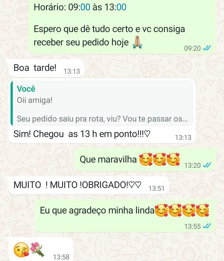 Mensagem de cliente: chegou às 13h em ponto